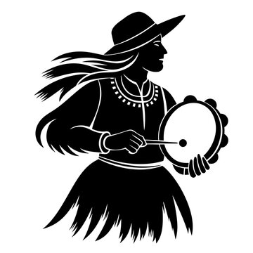 Folk Musician Silhouette Playing Tambourine for Cultural Events, Music Education, Festival Promotions, Traditional Art Designs, and Performance Websites