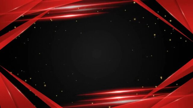 Luxury red abstract geometric border frame with glowing light effects and golden glitter particles background