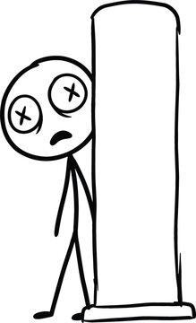 Funny stick man character hiding behind a tall wall, shy cartoon mascot illustration for secrecy, surprise, curiosity, and playful concepts