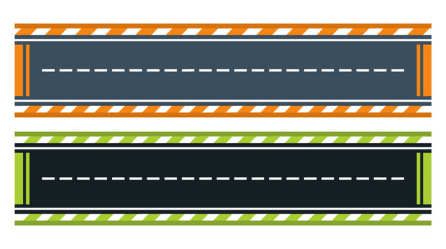 Straight road lane segments with orange and green striped hazard borders, highway asphalt texture, transportation infrastructure, construction site