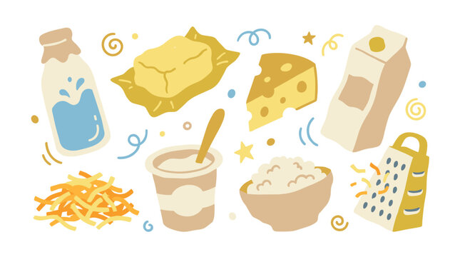 Set of dairy products featuring milk bottle, butter, cheese slice, yogurt, cottage cheese, grater, healthy breakfast items, culinary cooking