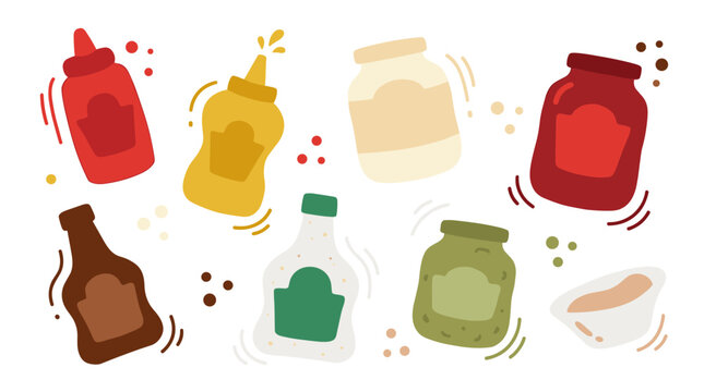 Set of assorted condiment bottles and jars including ketchup mustard mayo and salsa, kitchen pantry staples and cooking ingredients for culinary
