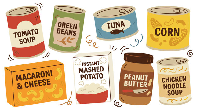 Set of assorted pantry food items, cans and boxes of tomato soup, green beans, tuna, corn, macaroni, mashed potatoes, peanut butter, chicken noodle