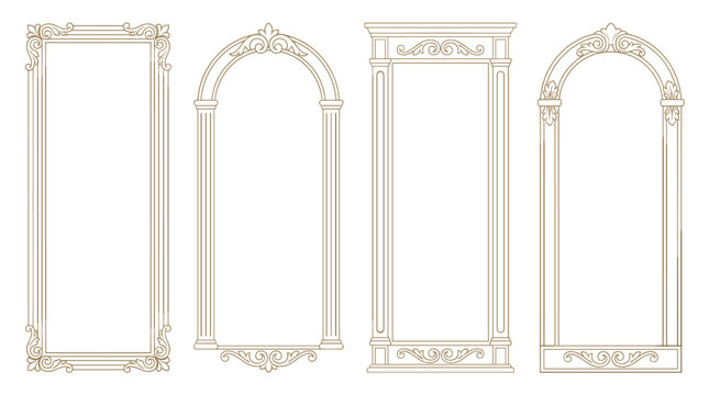 Set of decorative vintage frames, ornate border ornaments and architectural arch silhouettes, elegant borders for wedding invitation, luxury