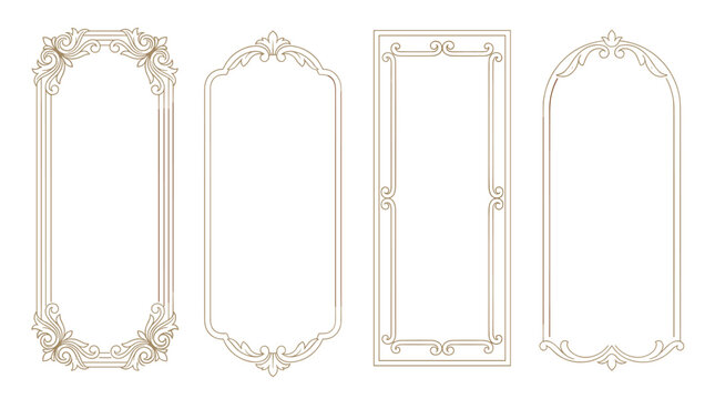 Set of decorative vintage frames with elegant flourishes, ornate floral borders, wedding invitation templates, greeting card elements, victorian