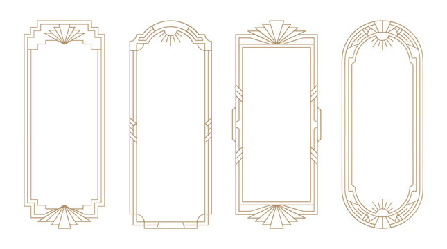 Set of golden decorative frame borders with geometric lines and floral motifs, elegant vintage style elements for wedding invitations and