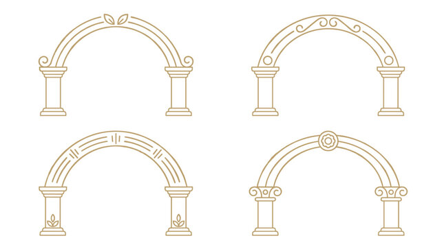 Set of four elegant golden arch frames, linear ornamental structures, classical architecture decoration, wedding invitation embellishment, ornate