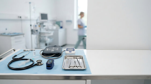 Professional Medical Equipment on a Sterile Table in a Modern Hospital Clinic Background
