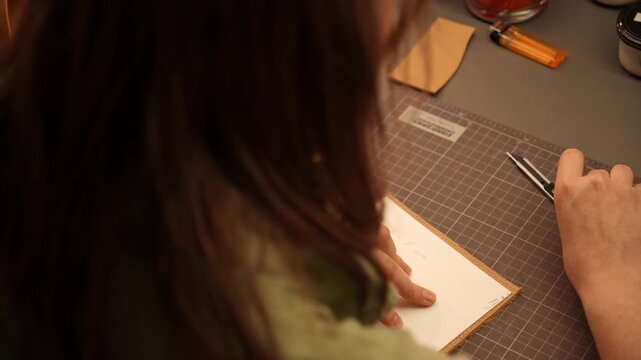 Female artisan positions a paper template on natural leather at a workbench before cutting. Handmade leathercraft concept for pattern making, custom accessories, design and small business