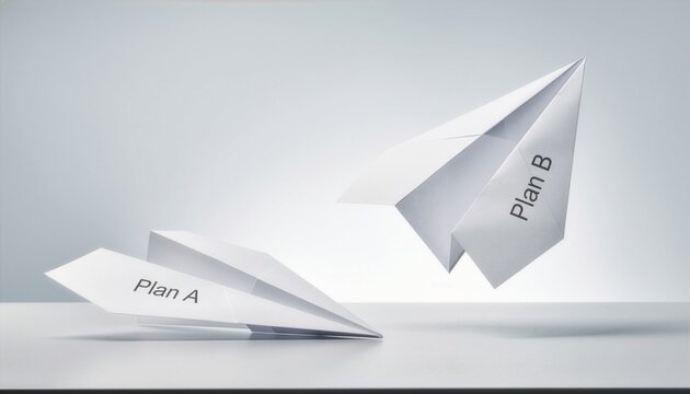 Two white paper airplanes representing Plan A and Plan B business options, with Plan A grounded on a table surface and Plan B flying upwards against a clean minimalist background.