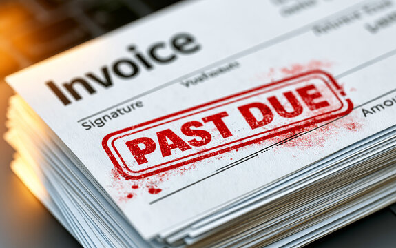 Close-up view of a white paper invoice document with a bold red past due stamp marking the text clearly visible on the page.