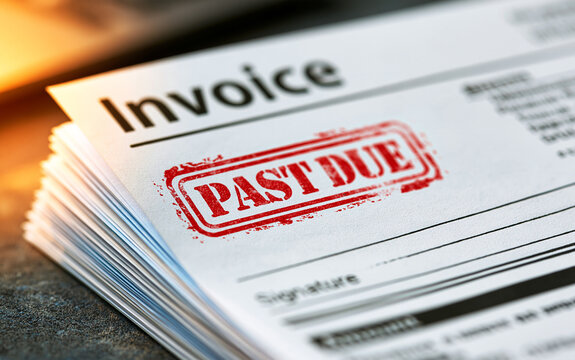 Close-up view of a white paper invoice document with a bold red past due stamp marking the text clearly visible on the page.