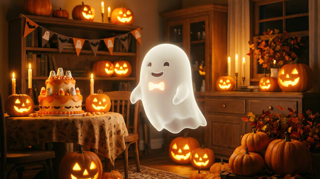 A cheerful ghost character with a friendly expression, floating in a warmly lit Halloween-themed room filled with carved pumpkins and a decorated cake, created with generative ai