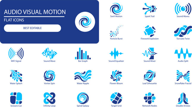Audio visual motion icons set. Editable stroke illustration of sound waves, energy bursts, and dynamic signals for media design.