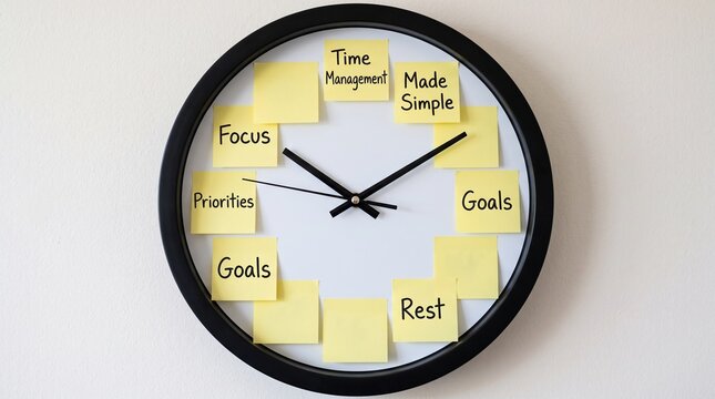 Clock Face with Time Management Tips: A clock face adorned with sticky notes, each featuring a word like Focus, Goals, Priorities, and Rest.