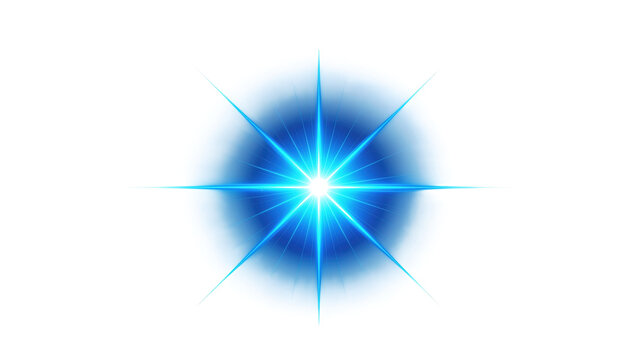 Bright blue starburst lens flare light effect isolated on white background