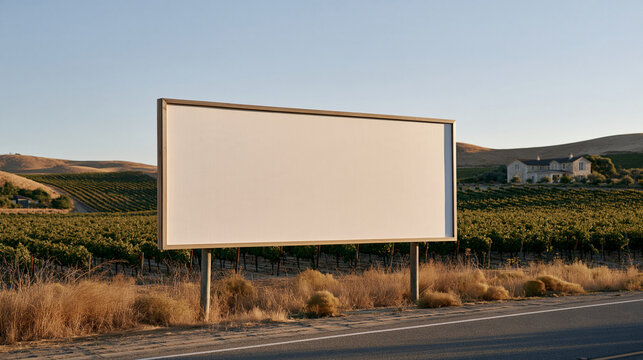 Blank white billboard beside a vineyard road in a warm rural wine region, rows of grapevines receding to hills, stone farmhouse visible, agritourism advertising concept, winery