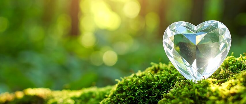 Clear Crystal Heart on Moss Displayed in Sunlight