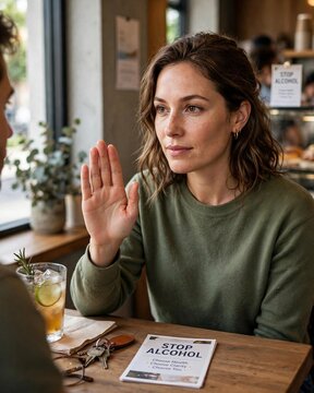 Vertical Woman choosing sobriety, refusing alcohol in a social setting