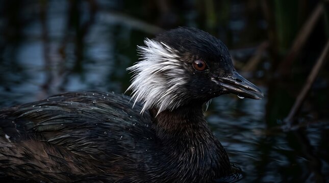 white-tufted grebe (Rollandia rolland) closeup on sunset time