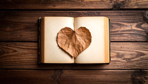 Open Vintage Book with a HeartShaped Leaf on Wooden Surface