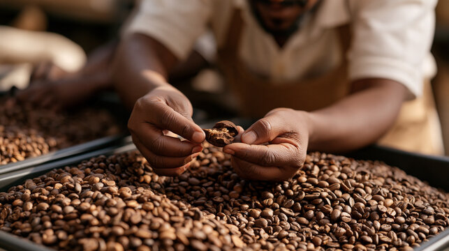 Ethiopian coffee bean grader splitting open roasted sample with thumbnail to inspect interior quality and roast consistency, export facility sorting table covered with bean
