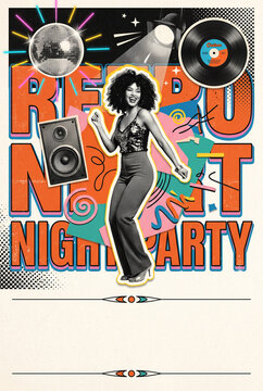 Retro night party invitation poster featuring dancing woman with afro hairstyle and disco ball in vibrant pop art collage style with halftone speaker and vinyl record decorations with copyspace