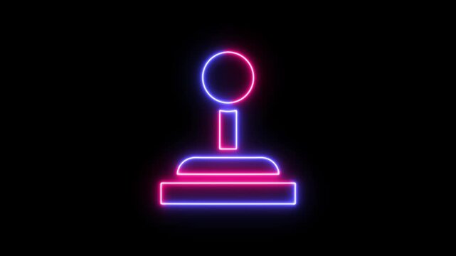 Bright neon glowing joystick icon for retro video games on a dark background