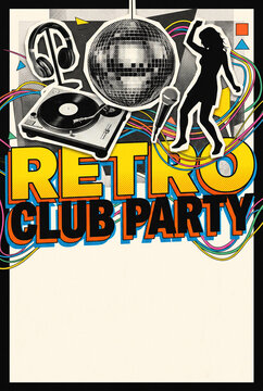 Retro club party poster with dj turntable headphones disco ball dancing silhouette vibrant wavy lines pop art style editable template with copyspace