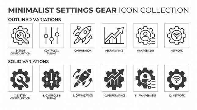 Minimalist settings gear icon collection featuring outlined and solid variations, system configuration, controls, optimization, and management.