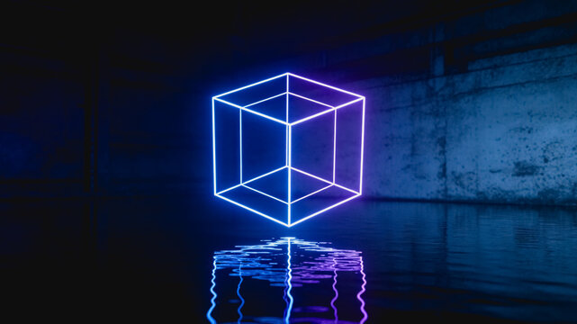 A glowing neon wireframe cube with blue and purple tones, reflected on a dark smooth surface in an industrial space.