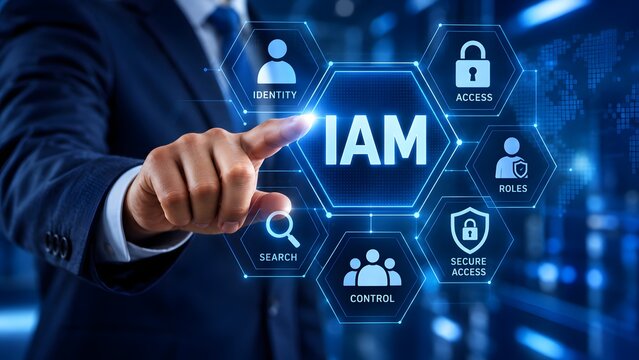 Businessman touching digital IAM interface with identity and access management control panels representing corporate cybersecurity