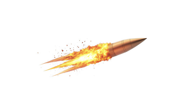 Fast flying metallic bullet trail isolated on white background