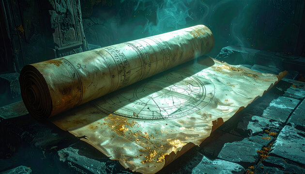 An ancient, mystical parchment scroll lies on weathered stone in a dark, magical chamber. This atmospheric, mysterious scene features no people, evoking curiosity and the secrets of lost history.