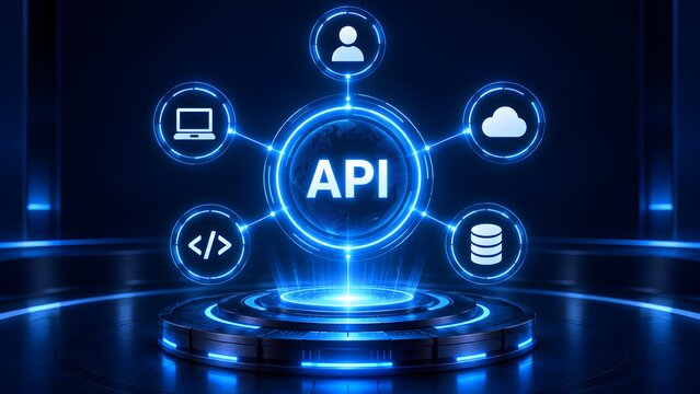 Holographic API application programming interface on glowing tech podium with digital globe and network integration icons