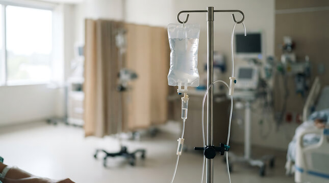 Intravenous saline drip bag hanging on an IV pole in a modern hospital room for patient care
