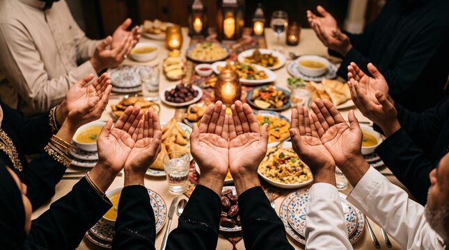 Muslim Family Hands Raised in Supplication Dua Prayer around Dinner Table before Breaking Fast for Ramadan Iftar Gathering