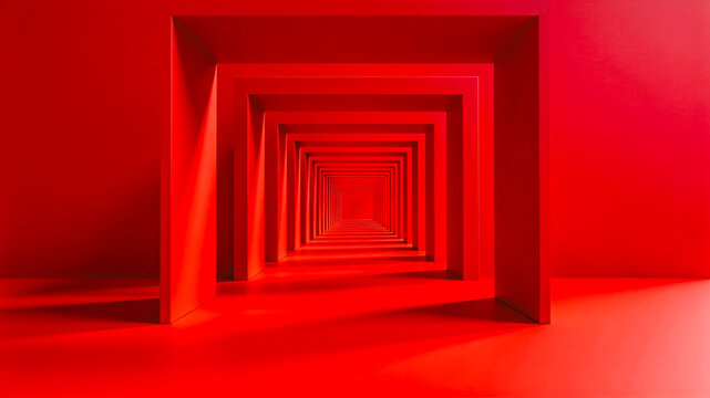 A 3D rendered symmetrical recursive red square tunnel forming an abstract geometric interior space with depth.