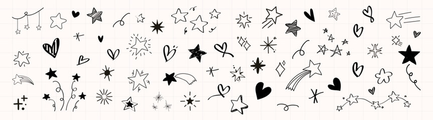 Fototapeta premium Hand-drawn vector doodle pattern with stars, hearts, and whimsical sketches.