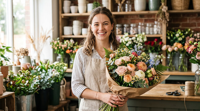 Smiling female florist wearing apron holding large fresh flower bouquet in flower shop