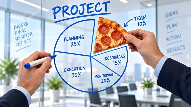 Businessman drawing project management pie chart on glass board and inserting real pizza slice representing team motivation and reward