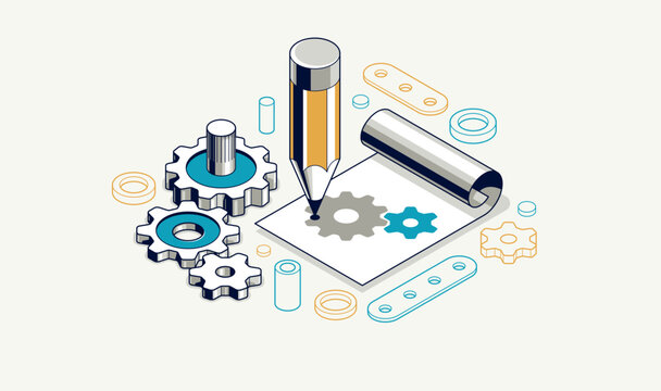 Mechanical engineering project in embodiment implementation concept, engine draft plan drawing and work process, paper sheet with gears and pencil 3D isometric vector illustration, repair tutorial.