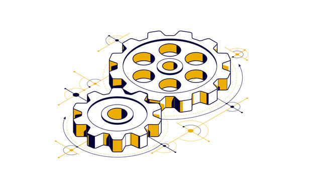 Mechanical engineering concept, gears and cogs with project drawing draft isometric 3D vector illustration, cogwheels system technology and technics machinery engine.