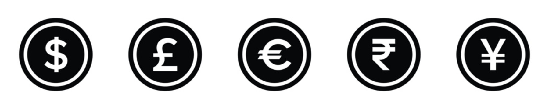 Euro, Dollars, Pound, Dollars, Yen, Euro and Rupee coin icon. coins of money icon signs