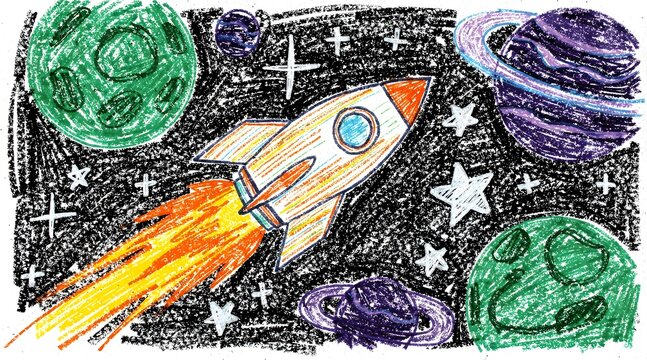 Cartoon Rocket Ship Launching into Outer Space with Planets and Stars, Children's Drawing Style for Kids Education and Exploration Themes