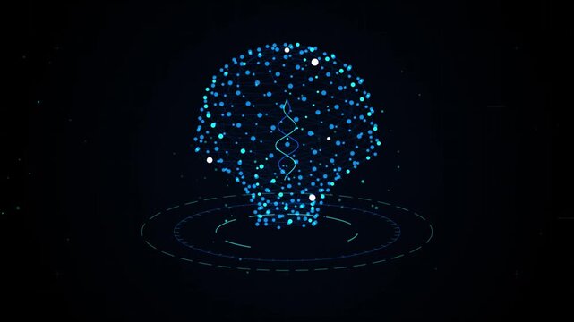 Futuristic Glowing DNA Helix Inside Digital Particle Lightbulb Structure with Animated Circular Rada