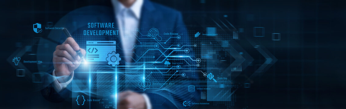 Businessman Pointing Software Development, custom application engineering and full stack programming code, agile software lifecycle, digital product design, software architecture design