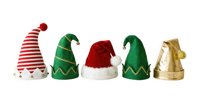 Set of five different colorful christmas hats isolated on transparent background