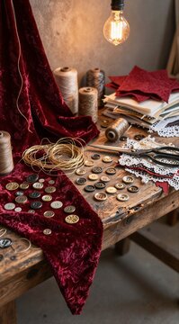 Sewing workspace with buttons thread and velvet fabric on table