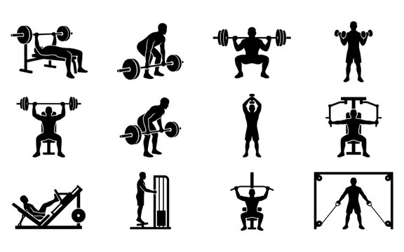 Set of black silhouette icons representing various weightlifting and gym exercises for bodybuilding and fitness training